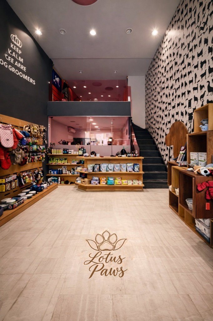 Το εσωτερικό του καταστήματος Lotus Paws: ράφια με προϊόντα και το λογότυπο στο δάπεδο